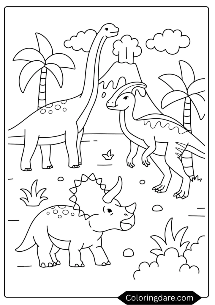 Group of Dinosaurs at a Watering Hole